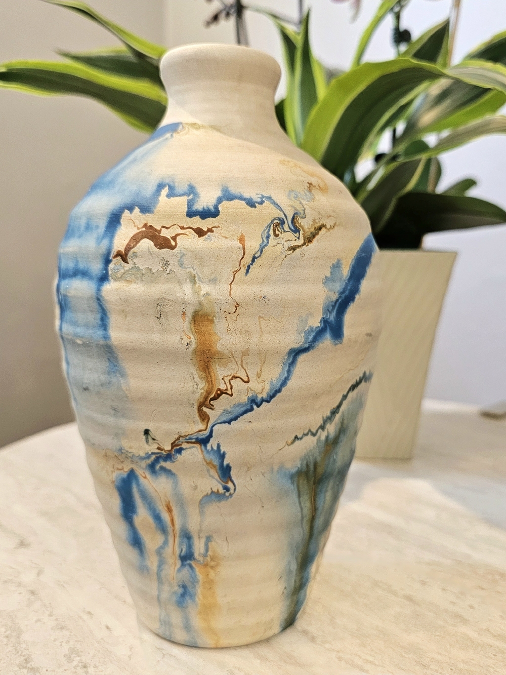 Vintage Nemadji Pottery Vase Blue Swirl Indian Head Mark Minnesota USA Art 1980